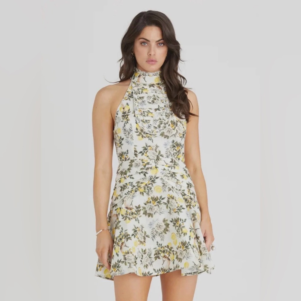 Aqua Blue Australia New Clementine Kailey Lemons Floral‎ Mini Halter Dress L Bib